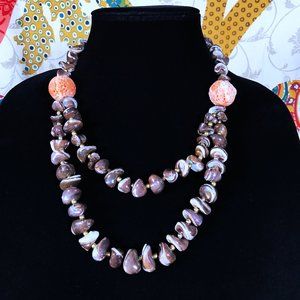 Brown MOP Coral Beaded Necklace Multistrand Statement Mother of Pearl Handmade